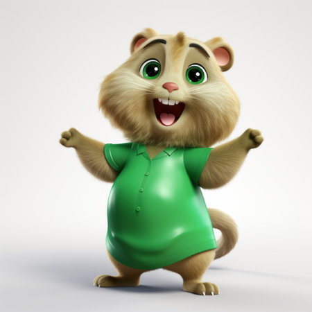 a cute bear wearing a green shirt and green arms is captured in this photo. the bear's appearance is enhanced by the use of ray tracing, giving it a photorealistic rendering. the bear's theatrical gestures and shiny eyes add to its joyful and optimistic expression. this movie still showcases the unique style of snailcore. ai generatedの素材