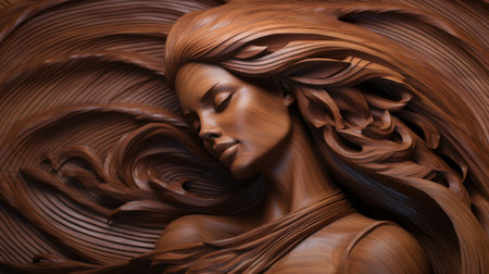 a wooden statue featuring a woman at its center, crafted in a realistic hyper-detailed style. the sculpture showcases fluid and flowing lines, along with artgerm-inspired elements. with textured compositions and close-up intensity, this piece of art captures the essence of dreamscape portraiture. ai generatedの素材