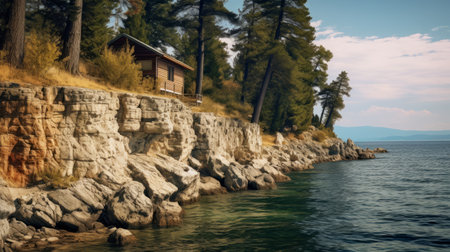 a cabin perched on a cliff offers breathtaking views of a serene lake. this stunning image, created in the style of cryengine, showcases the beauty of nature with hyperrealistic marine life. the 32k uhd resolution and high detail capture every intricate feature, while the ps1 graphics and reefwave effects add a touch of timeless nostalgia. ai generatedの素材