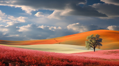 the photo showcases a captivating landscape with charming, idyllic rural scenes. the clouds cover the day, creating emotive fields of color. the photobashing technique beautifully captures the essence of nature, with a mix of white and red, pink and amber hues. ai generatedの素材