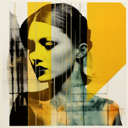 a woman with yellow lines painting by charlie hess, featuring layered stencil work, digitally manipulated images, and industrial fragments. the artwork showcases split toning, black and white portraits, and a color palette of light amber and cyan. the composition follows classical proportions, resulting in a visually captivating piece. ai generatedの素材