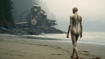 a robot stands on the beach next to a big rig, creating a realistic yet ethereal scene. this artwork, inspired by the realistic depictions of human form and matte painting, is in 8k resolution. influenced by daria endresen and anne mccaffrey, it showcases realistic anatomies in a captivating and otherworldly manner. ai generatedの素材