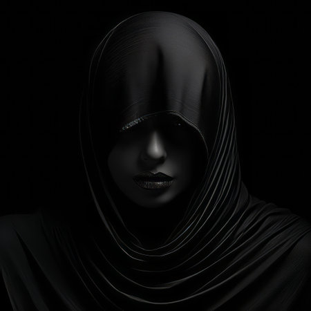 oblivious girl in black hijab standing in the dark, captured in the style of oliver wetter. this mesmerizing portrait, with its depth of layers and 8k resolution, draws inspiration from the works of janine antoni and michael page. the non-representational elements add hidden meanings to the thought-provoking composition. ai generatedの素材
