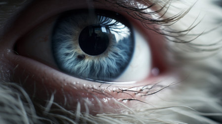 the white dog's eye is captured in this image, showcasing a striking combination of dark blue and azure hues. the use of vray tracing technology and 8k resolution enhances the details. the petzval 85mm f22 lens creates a unique effect with wet-on-wet blending, resulting in realistic human figures. the jagged edges add an intriguing touch to the overall composition. ai generatedの素材