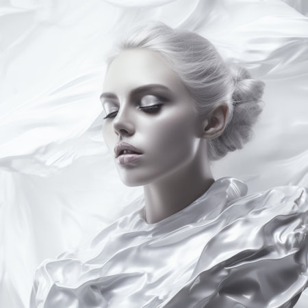 young woman in a white outfit, standing on a white backdrop, with a captivating light effect. the photo showcases a unique style reminiscent of liquid metal, daz3d, and haunting portraits. the subject's slumped and draped pose adds a touch of rococo portraiture, while the translucent water and eye-catching details enhance the overall allure. ai generatedの素材