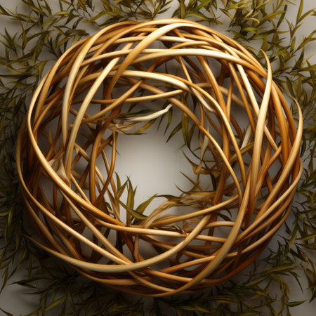 a wooden twig ring adorned with grass and grasses, showcasing a conceptual digital art style. the intricate design features ornate complexity and soft renderings, set against a matte background. the flickr of light amber and gold adds a touch of elegance to the tangled nests within the ring. ai generatedの素材