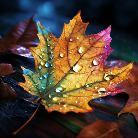 a colorful fall leaf, in the style of hyper-realistic water, is seen laying on the ground. the leaf showcases a vibrant spectrum of colors, with dark blue and light amber hues. water drops add a touch of realism to the photorealistic landscape. this stunning artwork is created by the talented artist mike campau, known for his multilayered realism. ai generatedの素材