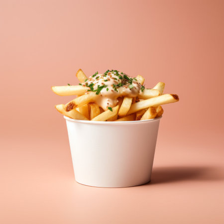 a cup of french fries, artistically presented on a vibrant pink background. this photorealistic rendering, inspired by the style of shuzo oshimi, showcases the richly layered textures of the fries. the light beige and gray hues add a touch of sophistication to the composition. captured with the steinheil quinon 55mm f/1.9 lens, this image pays homage to the artistic influences of basil gogos and reubenの素材