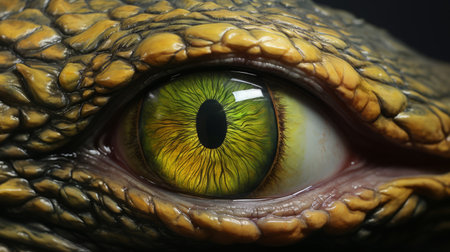 the close-up photo showcases the intricate details of a dragon's eye, resembling hyperrealistic wildlife portraits. created by james paick, the eye features a captivating blend of yellow and green hues. the use of vray tracing and organic sculpting techniques adds depth and realism to the image. this eye is a part of the dinocore series, known for its realistic painted still lifes. ai generatedの素材