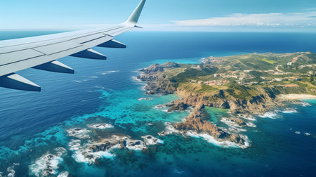 airplane wing seen off the coast in a vibrant blue sky, capturing the essence of lively coastal landscapes. the image showcases a french landscape with intricate details, featuring shades of green and aquamarine. the high-angle perspective highlights the beauty of the scene, with a contrasting combination of light turquoise and dark brown tones. ai generatedの素材