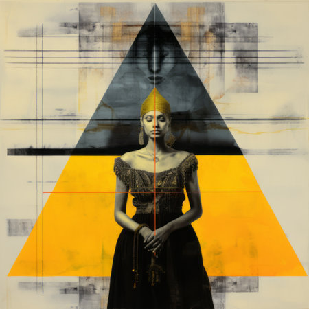 women in wolf - a captivating digital painting by jenny yeager, created for a book exhibition at in the lions den. this artwork showcases a unique blend of dark black and yellow tones, incorporating elements of luxurious geometry, industrial paintings, baroque portraiture, ancient egypt, solarization, and multi-layered figures. ai generatedの素材