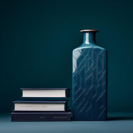 a photo of books placed on a table, positioned between a vase and a glass. the dark turquoise and dark indigo color scheme adds a touch of elegance. the meticulous linework and precision in the composition showcase the artist's attention to detail. the texture-based approach and timeless artistry create a captivating visual. influenced by ancient chinese art, the bold geometrics make this photo truly unique.の素材
