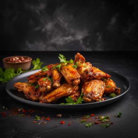 a plate of grilled chicken wings, garnished with fresh parsley and served with a flavorful sauce. this high-resolution photograph captures the dish in stunning detail, showcasing the vibrant colors of dark pink and amber. the use of the samyang af 14mm f2.8 rf lens creates a dramatic play of light and shadow, highlighting the intricate textures of the fur and feathers. the overall ambiance isの素材