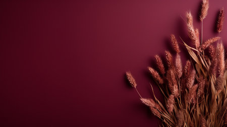 wheat with red hulls on a vibrant red background, providing a captivating nature-inspired installation. the composition features minimalistic elements with a touch of romance, showcasing the beauty of floral still lifes. the light pink and dark maroon hues create a monochromatic masterpiece, enhanced by the dark pink and dark amber tones. the image offers a visually stunning display of romantic floral motifs. ai generatedの素材