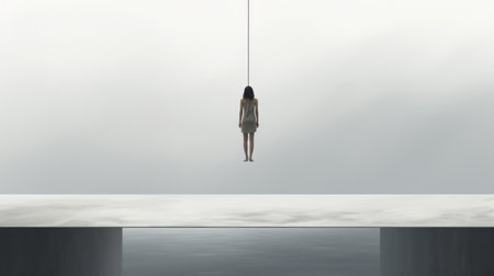 a girl walks on a suspended bridge, showcasing a conceptual minimalist sculpture. this digital artwork, inspired by the styles of mary jane ansell and felix gonzalez-torres, captures the essence of trapped emotions. the image combines elements of suspended hanging and conceptual digital art, creating a thought-provoking visual experience. ai generatedの素材