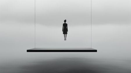 a large black silhouetted person stands on a suspension bridge, overlooking a serene lake. this conceptual minimalist sculpture, reminiscent of mary jane ansell's style, evokes a sense of futuristic digital art. the soft minimalism and museum gallery diorama elements add depth to the presentation of the human form, reminiscent of the works of marianne breslauer. ai generatedの素材