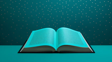 open green book on 3d background with spotlights, vector illustration. the style is a mix of dark turquoise and aquamarine, featuring dreamy pointillism. the artwork is a contemporary faux naf piece created by the stars art group xing xing. the design incorporates orientalist influences and is characterized by its accurate and detailed depiction. perfect as a wallpaper. ai generatedの素材