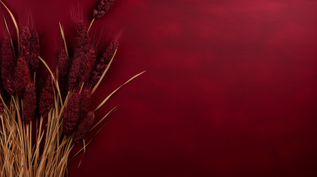 twisted wheat stands prominently against a vibrant red backdrop, reminiscent of dark maroon. the intricate details of the background elements add depth to the composition. this minimalist photograph captures the essence of chinese new year festivities, showcasing flower and nature motifs alongside colorful woodcarvings. the realistic brushwork enhances the overall visual appeal. ai generatedの素材