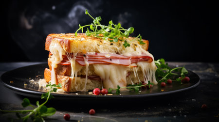 a slice of ham cheese french toast topping is beautifully presented on a black plate. the soft focus adds a touch of nostalgia to the image, while the skillful lighting enhances the rustic charm. the multi-layered composition showcases the melting cheese and the light beige and emerald colors create a visually appealing contrast. ai generatedの素材
