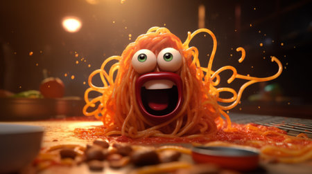 an orange spaghetti guy with eyes is captured in a close-up shot while enthusiastically devouring noodles. this playful and chaotic scene is rendered in cinema4d by the talented artist mandy disher. the use of the samyang af 14mm f2.8 rf lens adds depth and detail to the image. the expressive and lively expressions of the spaghetti guy, created by reylia slaby, bring a sense ofの素材