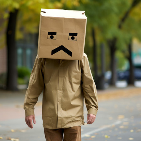 a man wearing a cardboard box on his head walks on the road, showcasing exaggerated facial features. this unique photograph captures the essence of the vancouver school and mcdonaldpunk style. the emotive body language of the man adds depth to the image. taken by kozo yokai, this intriguing photo can be found on flickr. ai generatedの素材