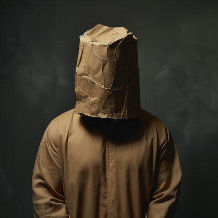 a man wearing a brown paper bag on his head stands against a black background, embodying the industrial futurism style. the rubber material adds a unique touch, while the melancholic tone creates a sense of introspection. this unconventional image combines elements of bunnycore and monumental ensembles, with a hint of cheese and a touch of paranoid sensitivity. ai generatedの素材