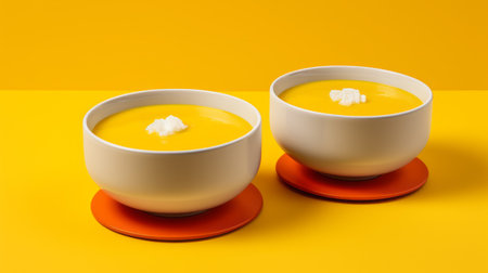 two small pots of warm spiced orange soup, beautifully presented on an orange plate. the image showcases vibrant and high-energy imagery, with a touch of smilecore aesthetics. the soup is made of cheese, creating a delicious and comforting dish. the style of the photo incorporates ambient occlusion, resulting in a visually appealing and minimal retouching. ai generatedの素材