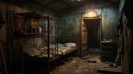 a post-apocalyptic style room with dark wooden fences and a bed made of wrought iron. the atmosphere is eerie, reminiscent of imaginative prison scenes. the room appears dirty, creating a hinchel or martin rak-like aesthetic, with a touch of medicalcore. ai generatedの素材