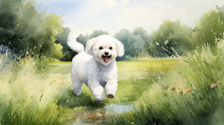 a playful caricature of a white dog running in a field is depicted in this hyper-realistic watercolor image. created in the style of detailed character illustrations, the artwork by dmitri danish showcases the artist's talent in capturing the essence of the subject. this persian miniature-inspired piece has also been recognized as a contest winner. ai generatedの素材