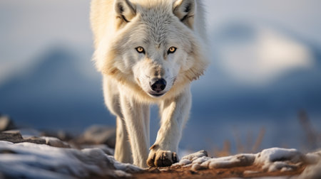 adult wolf walking out to a mountain: a powerful portrait of an adult wolf in a stunning blend of dark white and light white hues. the image captures the wolf's strength and grace, with a focus on its joints and connections. the play of light in gold and crimson adds a touch of mystique. shot with a nikon af600, this photograph exudes stark realism, resemblingの素材