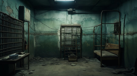 an old cell is depicted in this photo, featuring a bench and wire bars. the image is presented in a dark and spooky style, with a painterly realism that showcases the details in 8k resolution. the color palette consists of teal and beige, adding to the eerie atmosphere. the photo captures a post-apocalyptic theme, creating a realistic scene that won a contest. ai generatedの素材