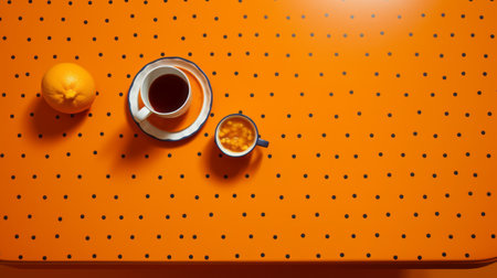 a table top adorned with orange dotted circles and squares, showcasing a minimal retouching style. this kitchen still life captures the essence of dutch and flemish art with its contrasting shadows. the table top is made of rubber, adding a unique touch to the composition. the photograph was developed using the caffenol method. ai generatedの素材
