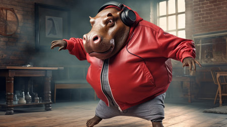 a hip hippo wearing headphones is captured in this candid shot, showcasing the unreal engine and daz3d style. the leatherhide texture adds a touch of uniqueness to the image. with a red and brown color palette, this breakdance photography captures the essence of the moment. this photo could be a great addition to ad posters featuring famous figures. ai generatedの素材