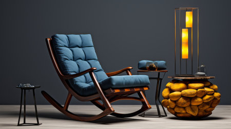 an empty chair is depicted in this 3d rendering, set against a grey background. the chair is designed in the style of dark aquamarine and dark amber, reminiscent of domestic interiors. the image draws inspiration from the leica r3 camera, navy color scheme, retro rock aesthetic, and the works of charles spencelayh. it combines elements of nature and man-made design. ai generatedの素材