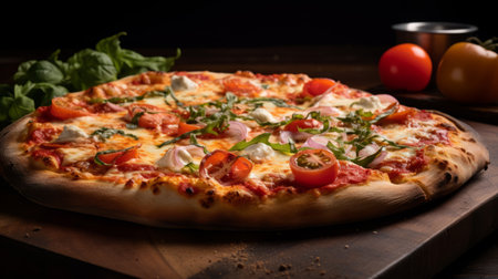 a big pizza with tomatoes and basil is placed on a wooden board, capturing the style of miki asai. the soft, atmospheric lighting enhances the vibrant colors of the pizza. shot with fujifilm eterna vivid 500t, the image showcases a beautiful blend of light pink and dark beige tones. the overall composition by toms barcel is smooth, polished, lively, and full of life. ai generatedの素材