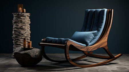 a 3d illustration showcases a contemporary rocking chair with a blue cushion and candles. the design features sinuous lines, layered veneer panels, and exquisite craftsmanship. the style is reminiscent of vray tracing and the use of textiles in an indigo hue adds a modern touch. the chair is inspired by the leica r8 camera, resulting in a visually stunning piece. ai generatedの素材