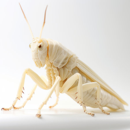 a white-haired bug is captured in this national geographic photo, sitting on a white background. the precisionism influence is evident in the style, with light yellow and beige tones. the reduction of canine anatomy is reminiscent of fra angelico's work, while the detailed costumes add an artistic touch. wong kar-wai's aesthetic sensibilities are also reflected in this intriguing composition. ai generatedの素材