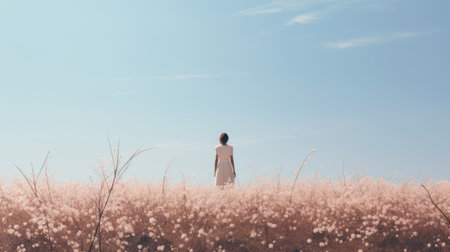 woman in field gazes at the sky in a minimalist, monochromatic landscape. the light pink and beige tones create a serene atmosphere. the photorealistic image showcases a fantasy-like scene with flowers, sky-blue hues, and hints of brown. this breathtaking artwork is captured in stunning 8k resolution. ai generatedの素材