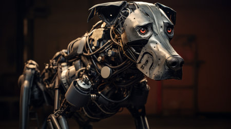 a robot dog with open eyes, resembling a fake digital animal, is captured in this industrial-style photograph. influenced by the precisionism movement and the works of romaine brooks, the image showcases hyper-realistic details and a low depth of field. the aesthetics of dieselpunk and auto body works are evident, creating a unique and visually striking composition. ai generatedの素材