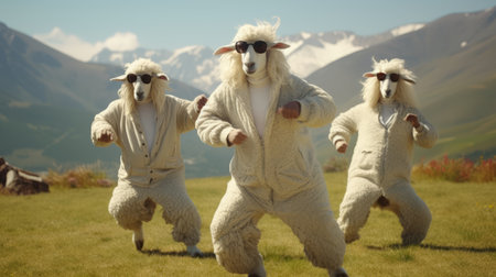 three sheep in costumes standing in the grass, showcasing a unique blend of futurist dynamic movement and iconic album covers. the scene is reminiscent of whistlerian light-filled scenes, exuding a relatable personality. the sheep appear to be ready to break into a lively dance, evoking a sense of energy and excitement. this captivating image is reminiscent of the artistic style of zack snyder. ai generatedの素材