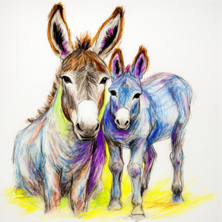 a dadaist mixed-media art drawing of a donkey, created with colored pencils in violet and amber hues. this unique artwork, captured with a nikon d750 camera, showcases the creative vision of donna huanca. known for her characterized animals and playful recombinations, this piece draws inspiration from the style of jessie arms botke. ai generatedの素材