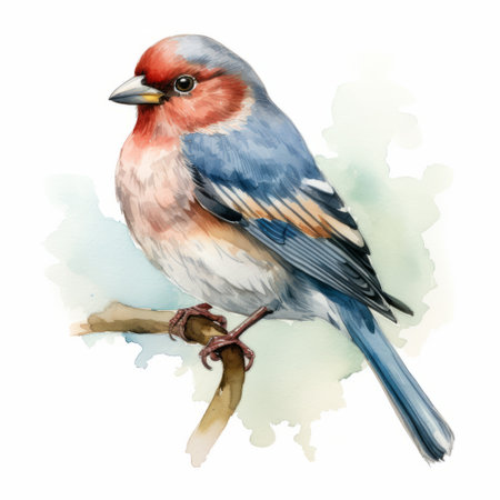a watercolor bird perched on a tree branch is depicted in this vector illustration. the artwork showcases the style of a realistic portrait painter, with a color palette consisting of light navy and red, as well as light blue and pink. the use of a konica big mini camera adds to the realistic attention to detail. the artist's technique includes heavy use of palette knives,の素材