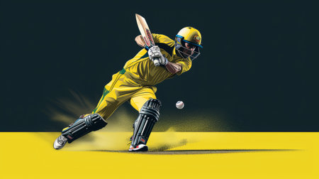 a cricket player in a dark yellow and light emerald style, playing his match against the wall. the hyper-realistic animal illustrations by james nares add bold colors and dynamic lines to the australian landscapes. the softbox lighting enhances the streamlined design. ai generatedの素材
