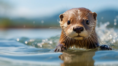 otters, known for their strong facial expressions and shiny eyes, are frequently spotted swimming in water. this captivating photo captures their exacting precision as they navigate through the dutch marine scenes. with a touch of quantum wavetracing, the image reflects the harmony between environmental activism and the playful essence of smilecore. ai generatedの素材