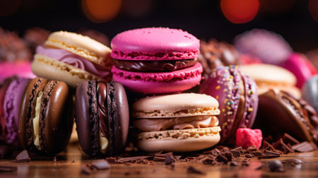 a pile of pastel colored macarons sits on top of a table, showcasing a beautiful combination of dark pink and dark brown hues. the detailed and layered compositions create a visually stunning display. captured with an iso of 200, the dark amber and crimson tones add a touch of romance to the close-up shots. these delectable treats were expertly crafted by jacques-firmin beauvarlet. ai generatedの素材