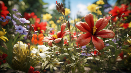 flowers in the field showcase the hyperrealistic details and photorealistic rendering of unreal engine 5. the crimson and amber hues create a vibrant and colorful garden scene, while the realistic and hyper-detailed renderings bring the flowers to life with their brightly colored petals and intricate photorealistic detailing. ai generatedの素材