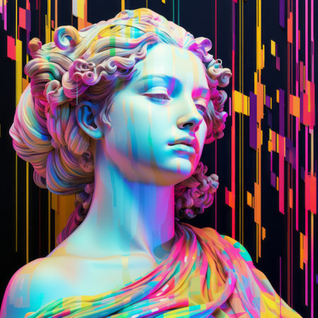a sculpture of a woman adorned with vibrant paint, her head and hands concealed, showcasing a fusion of styles including synthwave, art nouveau, hyper-detailed portraits, voxel art, and neoclassical composition. the piece captivates with its intricate details, flowing lines, and a seamless blend of digital and manual craftsmanship. ai generatedの素材
