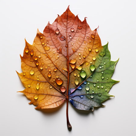 autumn leaves adorned with raindrops, captured in the style of chromatic minimalism. this hyperrealistic wildlife portrait showcases the vibrant colors and intricate details of nature. inspired by the dusseldorf school of photography, this image combines elements of rainbowcore and colorful woodcarvings. the layered imagery adds a touch of subtle irony, beautifully captured with a leica m10. ai generatedの素材