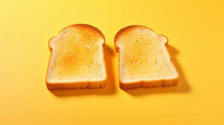 two pieces of bread, cut diagonally, are placed on a vibrant yellow background. this photograph, inspired by the styles of beeple and taylor wessing, showcases bold chromaticity and backlit photography. the image exhibits symmetry and repetition, while also incorporating edgy political commentary. ai generatedの素材