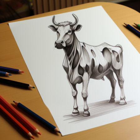 a cow drawing in pencil, rendered in the style of cinema4d, by grzegorz domaradzki. this detailed character illustration features a bold outline, with light brown and silver tones. the symmetrical design showcases the artist's skill in creating scientific illustrations. ai generatedの素材